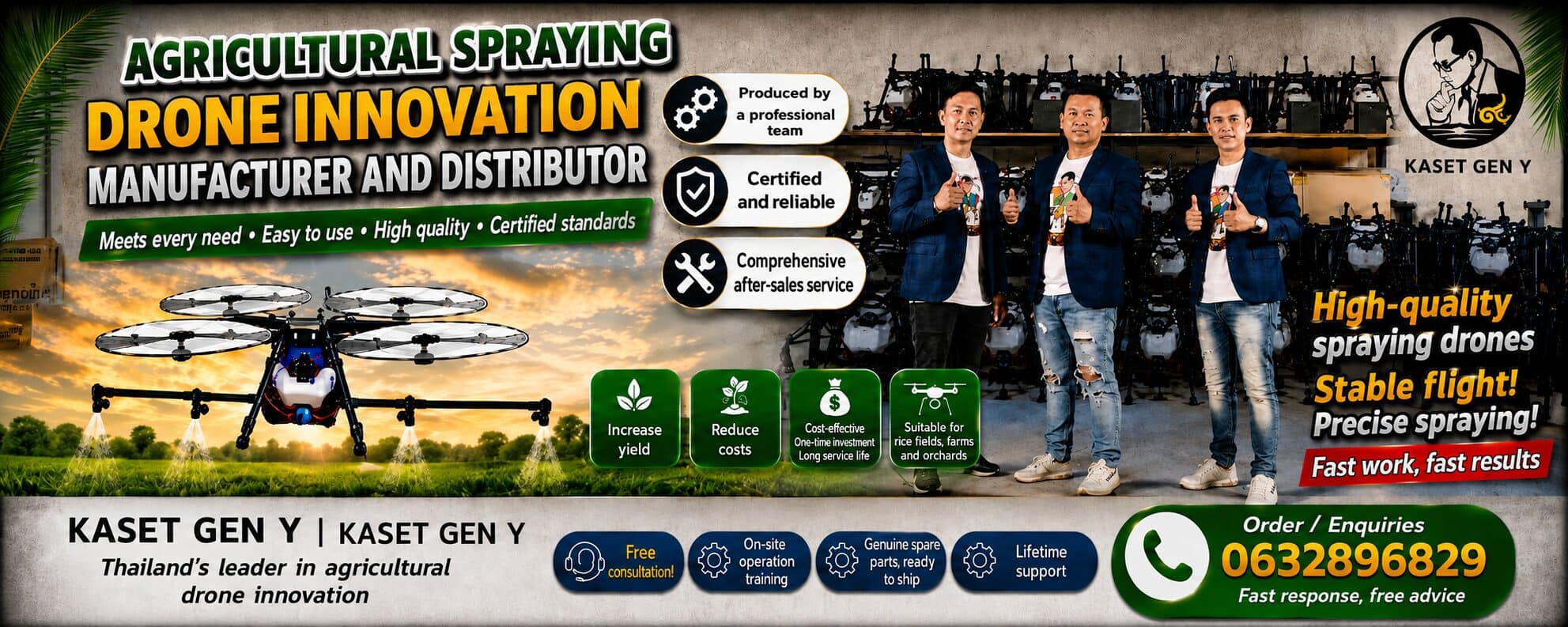 Three Kaset Gen-Y staff in suits give a thumbs-up in front of racks holding dozens of spraying drones. On the left, a drone sprays mist over a paddy field at dusk. The image gives the contact number 063-289-6829.