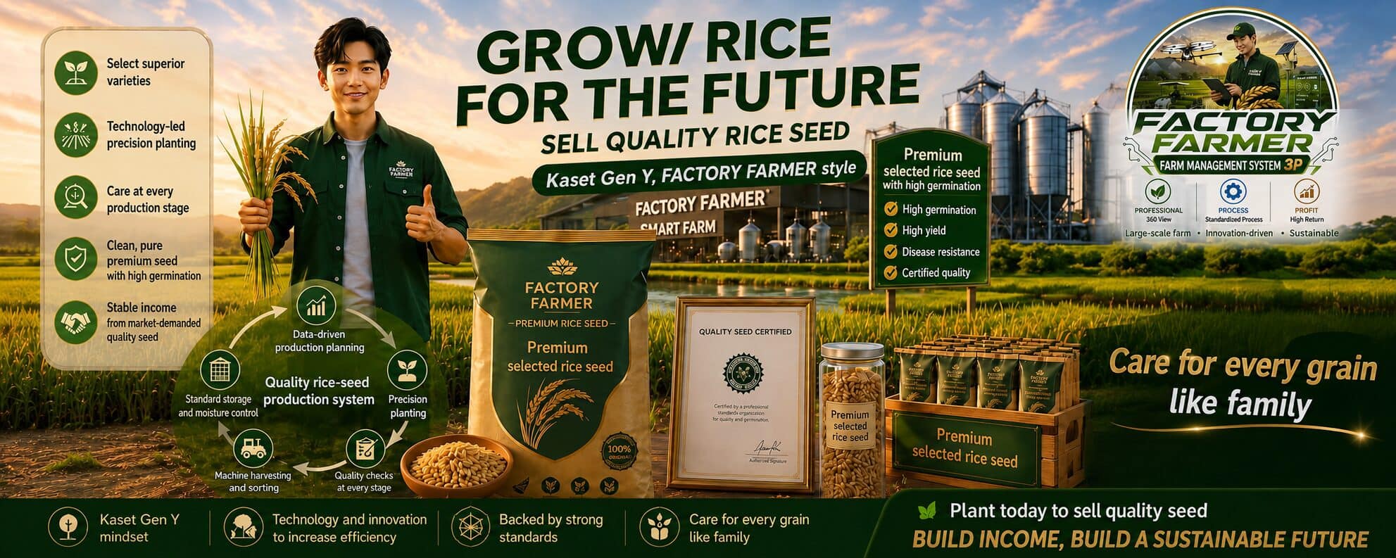 A young man in a FACTORY FARMER shirt holds rice ears and gives a thumbs-up. Beside him are bags of selected rice seed, a seed quality certificate, and the factory silos in the middle of the fields.