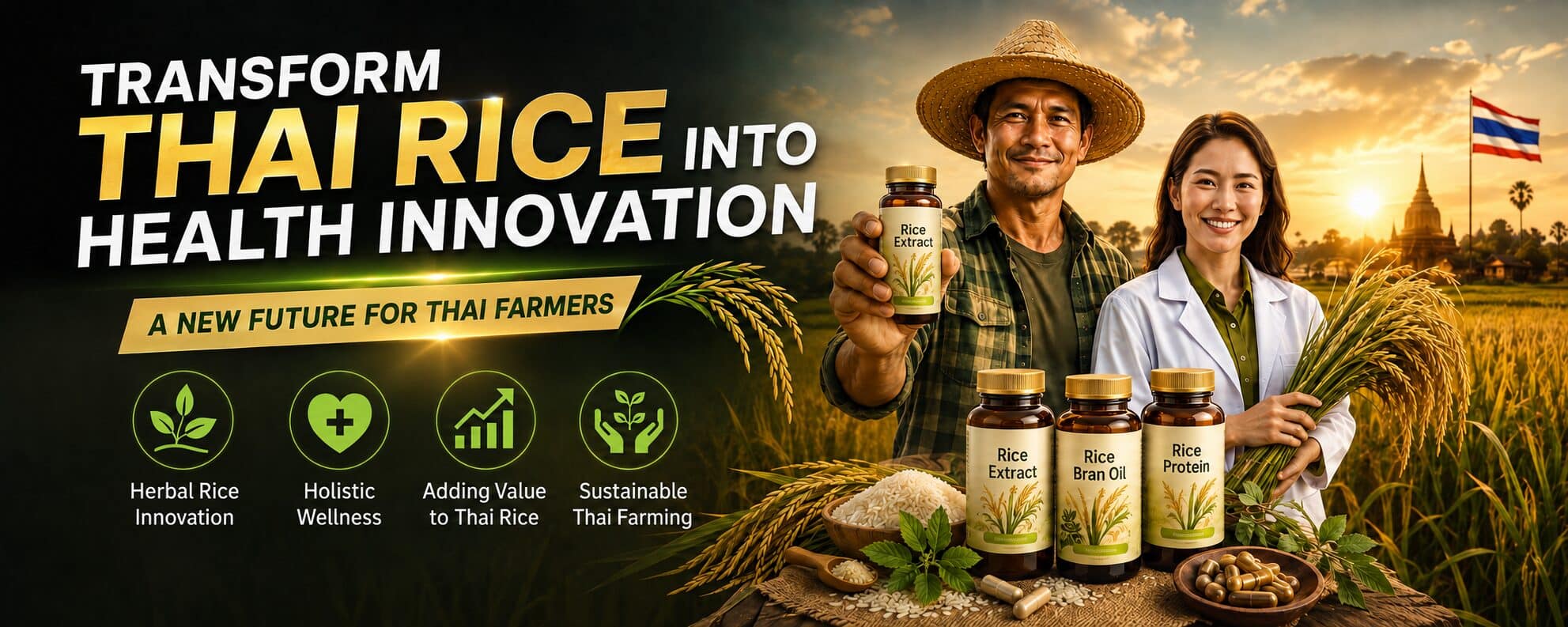 A farmer in a straw hat stands beside a woman in a white lab coat in a golden paddy field at sunset. He holds up a product bottle; she holds fresh rice stalks. Behind them are the Thai flag and a pagoda. Three product bottles sit in front, labelled rice extract, cold-pressed rice bran oil and rice protein, alongside milled rice in a wooden bowl, fresh herb leaves and capsules in a wooden dish. The left half is a dark panel with four circular icons.
