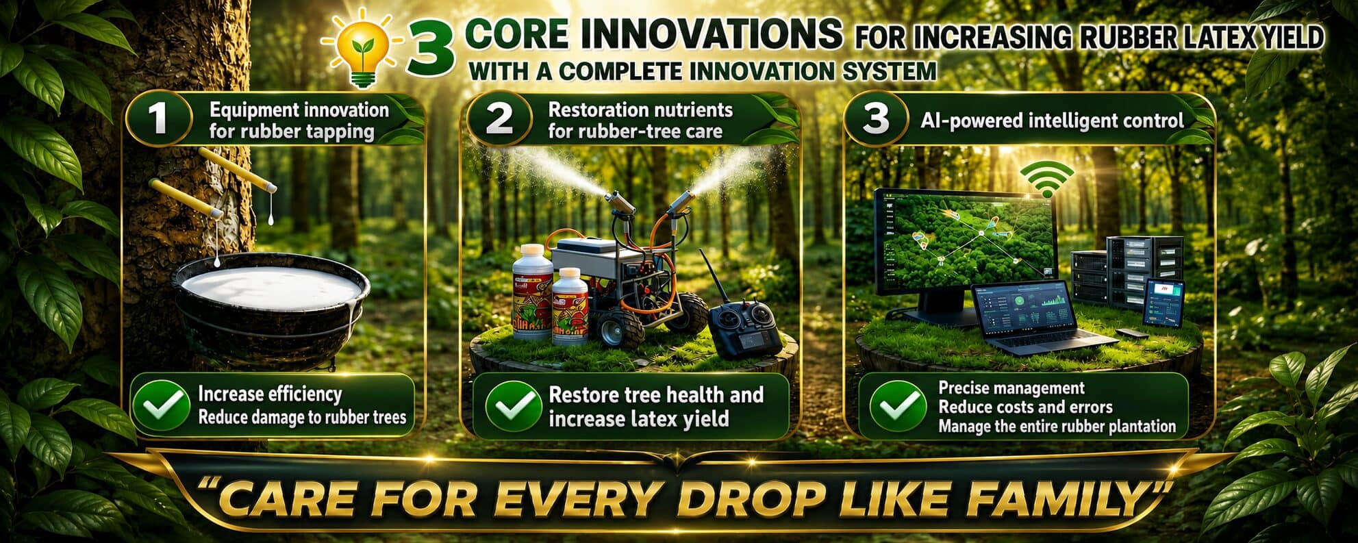 A rubber plantation split into three panels: a latex-boosting kit with a collection cup at the base of a tree; a sprayer for tree-restoring solution with product bottles; and a computer screen showing an AI plantation control system.