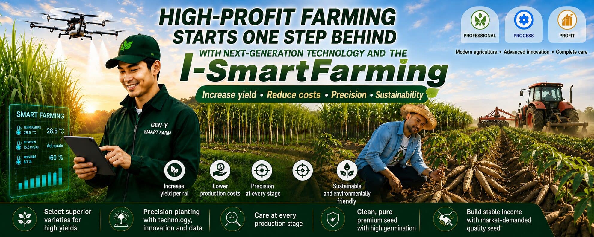 A technician in a GEN-Y SMART FARM shirt holds a tablet showing soil temperature, nitrogen and moisture readings, standing in front of a sugarcane field. A spraying drone flies overhead and a farmer harvests cassava on the right.