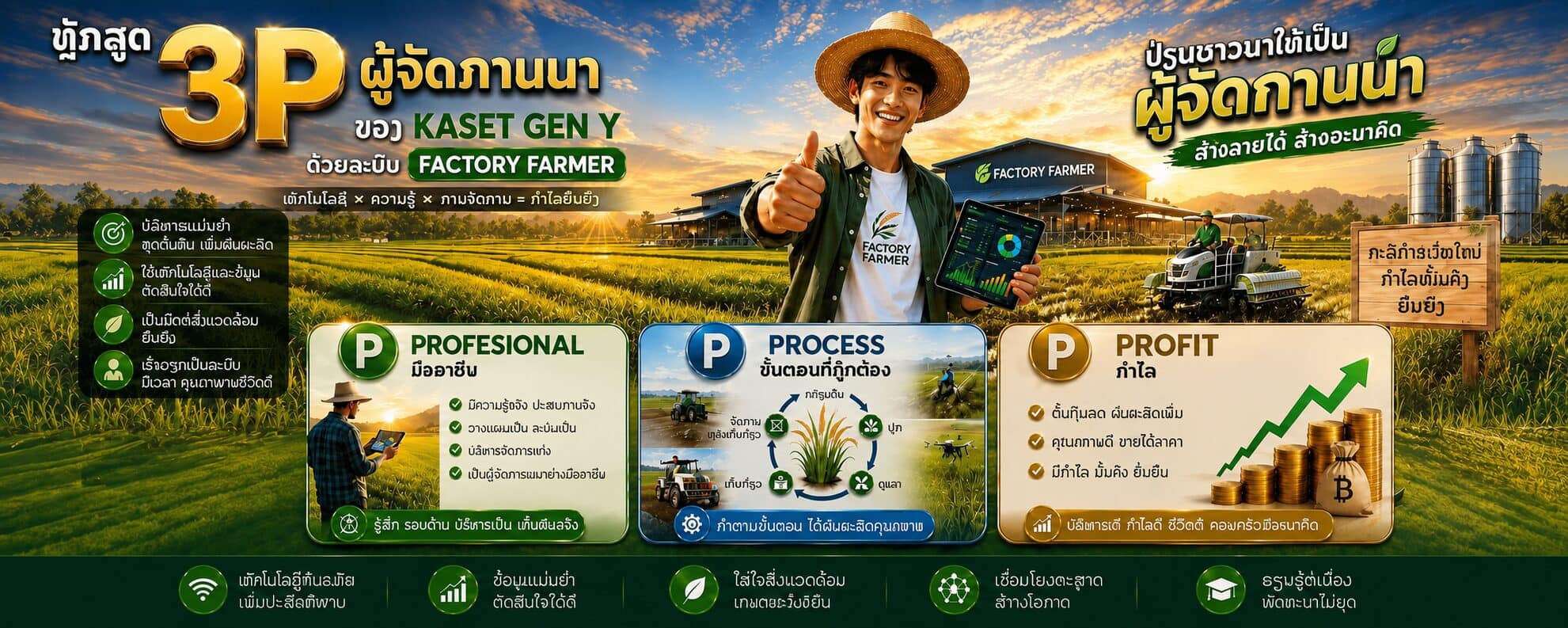 ຊາວນາລຸ້ນໃໝ່ໃສ່ໝວກຟາງຍົກນິ້ວໂປ້ ມືໜຶ່ງຖືແທັບເລັດສະແດງກຣາຟຂໍ້ມູນນາ ຢືນກາງທົ່ງເຂົ້າຂຽວໜ້າອາຄານ FACTORY FARMER ມີແຜນວາດຫຼັກສູດສາມຂັ້ນ PROFESSIONAL, PROCESS ແລະ PROFIT