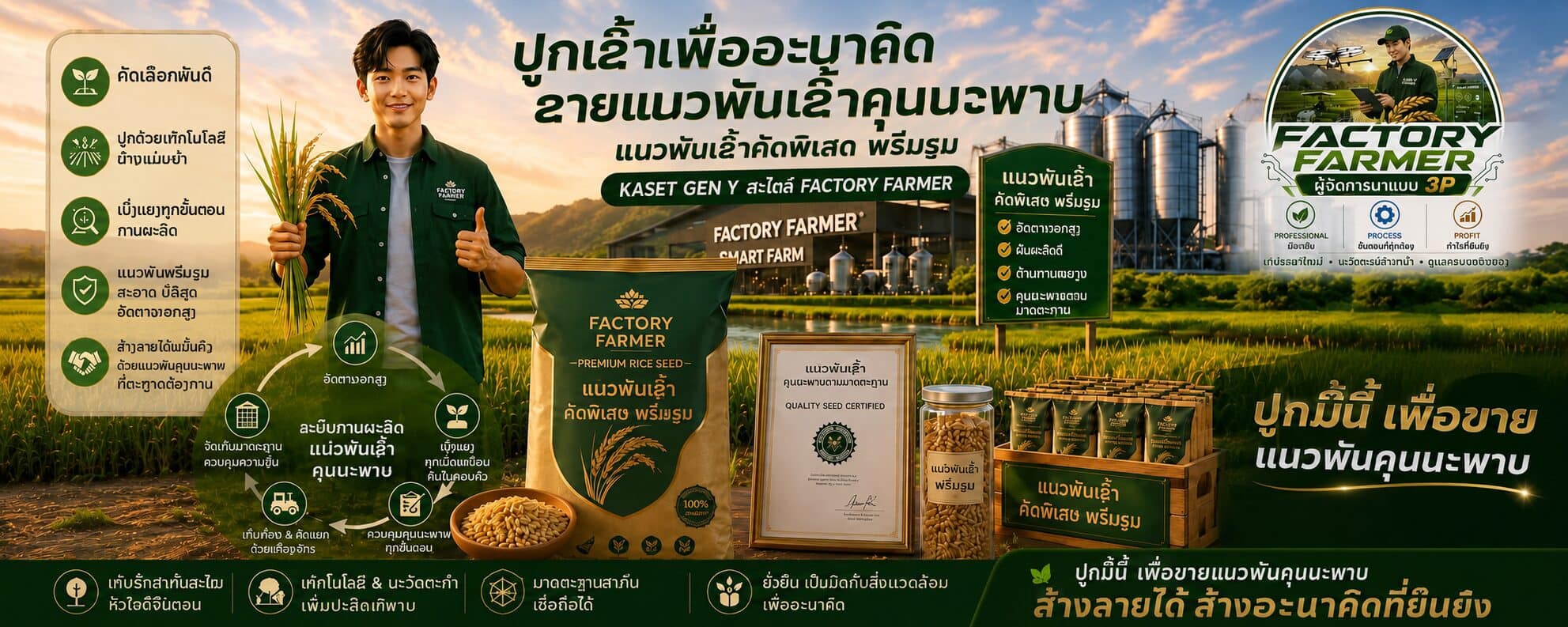 ຊາຍໜຸ່ມໃນເສື້ອ FACTORY FARMER ຖືຮວງເຂົ້າ ແລະ ຍົກນິ້ວໂປ້ ຂ້າງໆ ເປັນຖົງແນວພັນເຂົ້າຄັດພິເສດ ໃບຮັບຮອງຄຸນນະພາບແນວພັນ ແລະ ໄຊໂລຂອງໂຮງງານກາງທົ່ງນາ