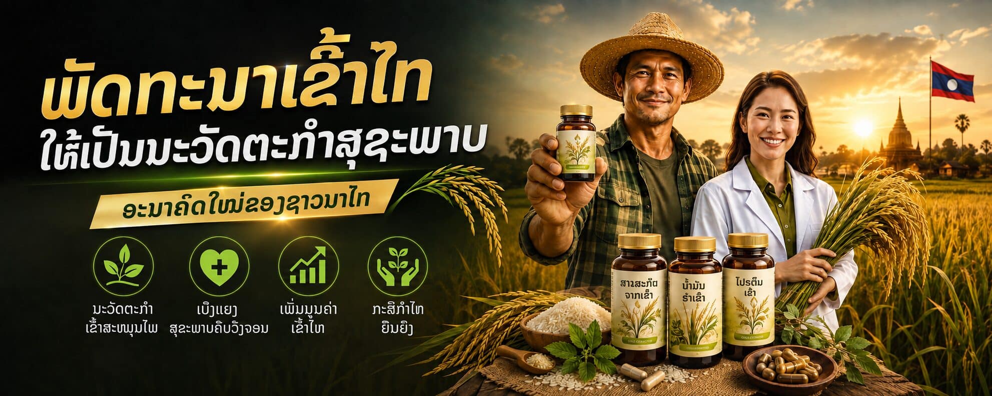 ຊາຍຊາວນານຸ່ງໝວກຟາງຢືນຄູ່ກັບຍິງນຸ່ງເສື້ອກາວສີຂາວ ກາງທົ່ງເຂົ້າສີທອງຍາມຕາເວັນຕົກ ຝ່າຍຊາຍຊູແກ້ວຜະລິດຕະພັນ ຝ່າຍຍິງຖືຕົ້ນເຂົ້າສົດ ດ້ານຫຼັງເປັນທຸງຊາດລາວ ແລະ ພຣະທາດ ດ້ານໜ້າວາງແກ້ວຜະລິດຕະພັນສາມໜ່ວຍ ຕິດສະຫຼາກສານສະກັດຈາກເຂົ້າ ນ້ຳມັນຮຳເຂົ້າ ແລະ ໂປຣຕີນເຂົ້າ ພ້ອມເຂົ້າສານໃນຖ້ວຍໄມ້ ໃບສະໝຸນໄພສົດ ແລະ ແຄບຊູນໃນຖ້ວຍໄມ້ ເບື້ອງຊ້າຍເປັນພື້ນເຂັ້ມມີໄອຄອນວົງມົນສີ່ວົງ