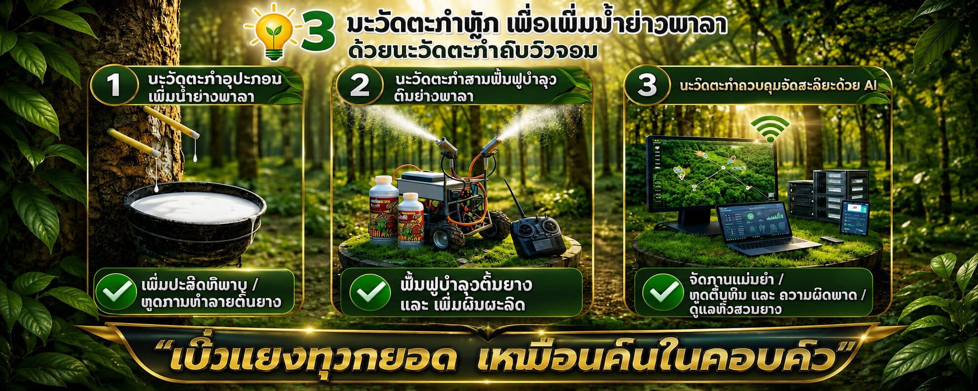 ສວນຢາງພາລາ ແບ່ງເປັນສາມຊ່ອງ: ຊຸດອຸປະກອນເພີ່ມນ້ຳຢາງກັບຖ້ວຍຮອງນ້ຳຢາງທີ່ໂຄນຕົ້ນ, ເຄື່ອງພົ່ນສານຟື້ນຟູບຳລຸງຕົ້ນຢາງພ້ອມແກ້ວຜະລິດຕະພັນ, ແລະ ຈໍຄອມພິວເຕີສະແດງລະບົບຄວບຄຸມສວນຢາງດ້ວຍ AI