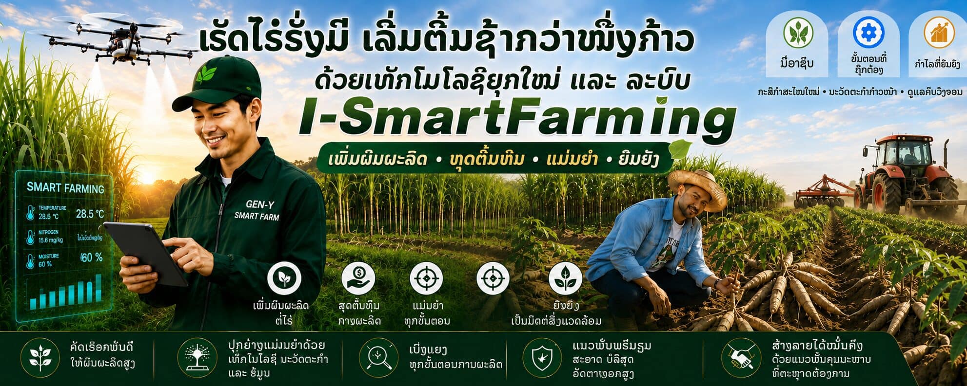 ພະນັກງານໃສ່ເສື້ອ GEN-Y SMART FARM ຖືແທັບເລັດສະແດງຄ່າອຸນຫະພູມ ໄນໂຕຣເຈນ ແລະ ຄວາມຊຸ່ມໃນດິນ ຢືນຢູ່ໜ້າໄຮ່ອ້ອຍ ມີໂດຣນພົ່ນຢາບິນຢູ່ດ້ານເທິງ ແລະ ຊາວກະສິກອນກຳລັງເກັບມັນຕົ້ນທາງຂວາ