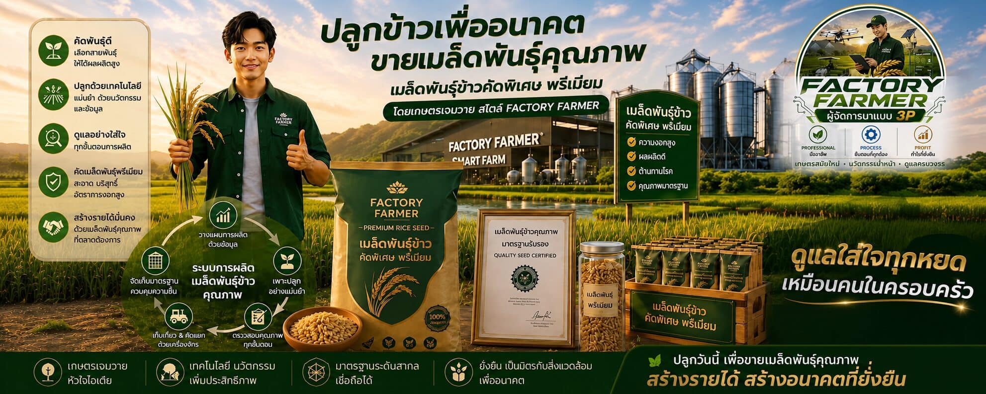 ชายหนุ่มในเสื้อ FACTORY FARMER ถือรวงข้าวและยกนิ้วโป้ง ข้าง ๆ เป็นถุงเมล็ดพันธุ์ข้าวคัดพิเศษ ใบรับรองคุณภาพเมล็ดพันธุ์ และไซโลของโรงงานกลางทุ่งนา