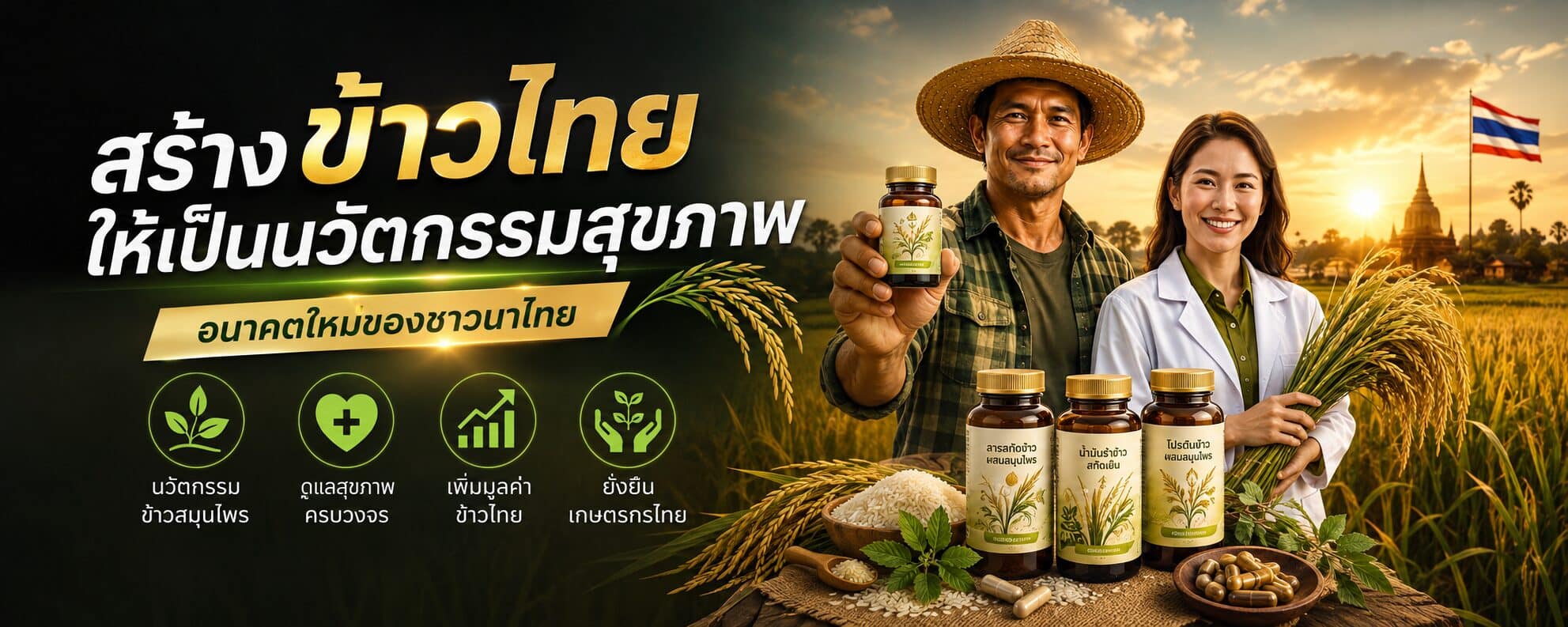 ชายชาวนาสวมหมวกฟางยืนคู่กับหญิงสวมเสื้อกาวน์สีขาว กลางทุ่งข้าวสีทองยามพระอาทิตย์ตก ฝ่ายชายชูขวดผลิตภัณฑ์ ฝ่ายหญิงถือต้นข้าวสด ด้านหลังเป็นธงชาติไทยและเจดีย์ ด้านหน้าวางขวดผลิตภัณฑ์สามใบ ฉลากเขียนว่าสารสกัดข้าวผสมสมุนไพร น้ำมันรำข้าวสกัดเย็น และโปรตีนข้าวผสมสมุนไพร พร้อมข้าวสารในชามไม้ ใบสมุนไพรสด และแคปซูลในถ้วยไม้ ครึ่งซ้ายเป็นพื้นเข้มมีไอคอนวงกลมสี่วง