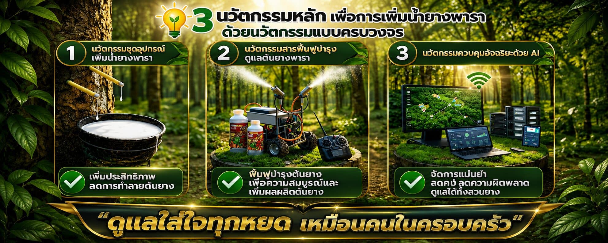 สวนยางพารา แบ่งเป็นสามช่อง: ชุดอุปกรณ์เพิ่มน้ำยางกับถ้วยรองน้ำยางที่โคนต้น, เครื่องพ่นสารฟื้นฟูบำรุงต้นยางพร้อมขวดผลิตภัณฑ์, และจอคอมพิวเตอร์แสดงระบบควบคุมสวนยางด้วย AI