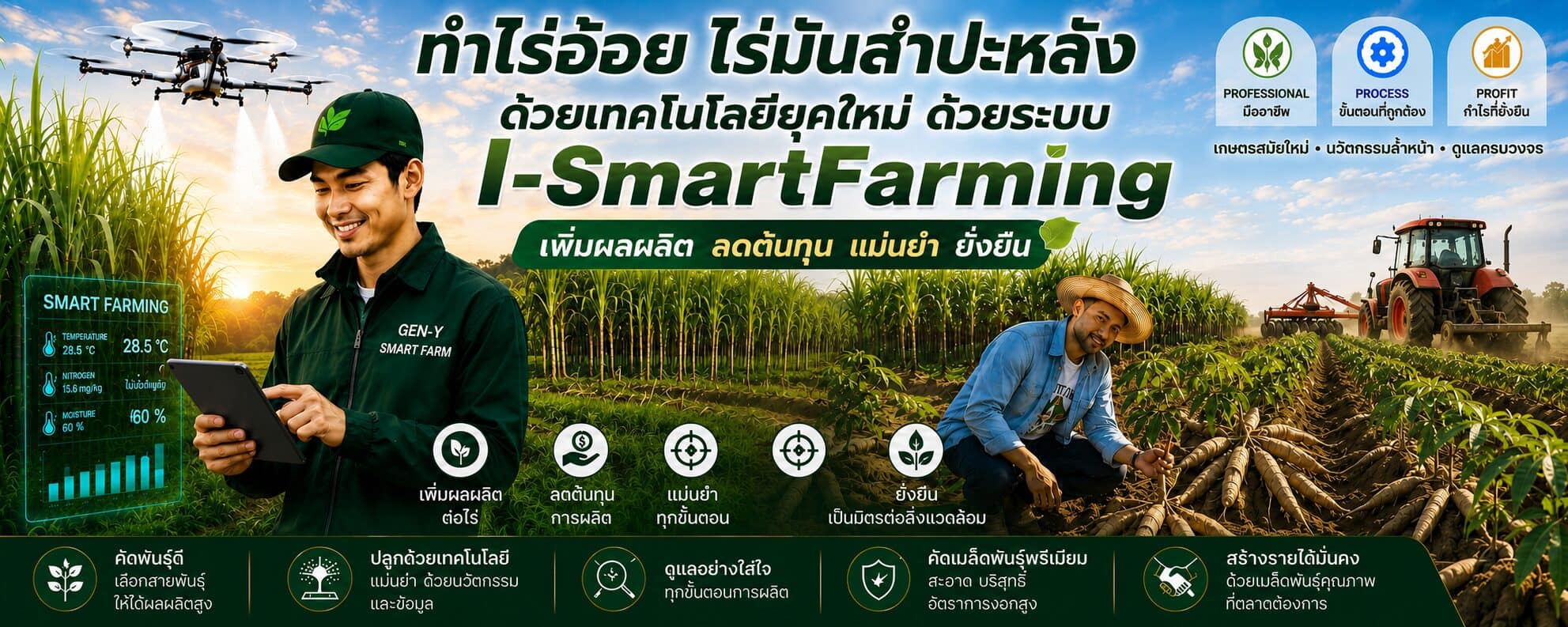 เจ้าหน้าที่สวมเสื้อ GEN-Y SMART FARM ถือแท็บเล็ตแสดงค่าอุณหภูมิ ไนโตรเจน และความชื้นในดิน ยืนอยู่หน้าไร่อ้อย มีโดรนพ่นยาบินพ่นอยู่ด้านบน และเกษตรกรกำลังเก็บหัวมันสำปะหลังทางขวา