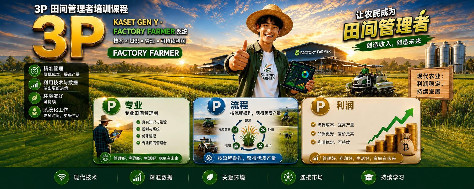 一位戴草帽的年轻稻农竖起大拇指，一只手拿着显示稻田数据图表的平板电脑，站在 FACTORY FARMER 大楼前的绿色稻田中；旁边是 PROFESSIONAL、PROCESS、PROFIT 三阶段课程示意图。