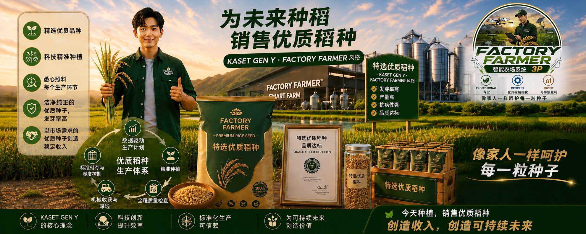 一位身穿 FACTORY FARMER 上衣的年轻男子手持稻穗并竖起大拇指，旁边是一袋袋精选稻种、一份稻种质量证书，以及稻田中央的工厂筒仓。
