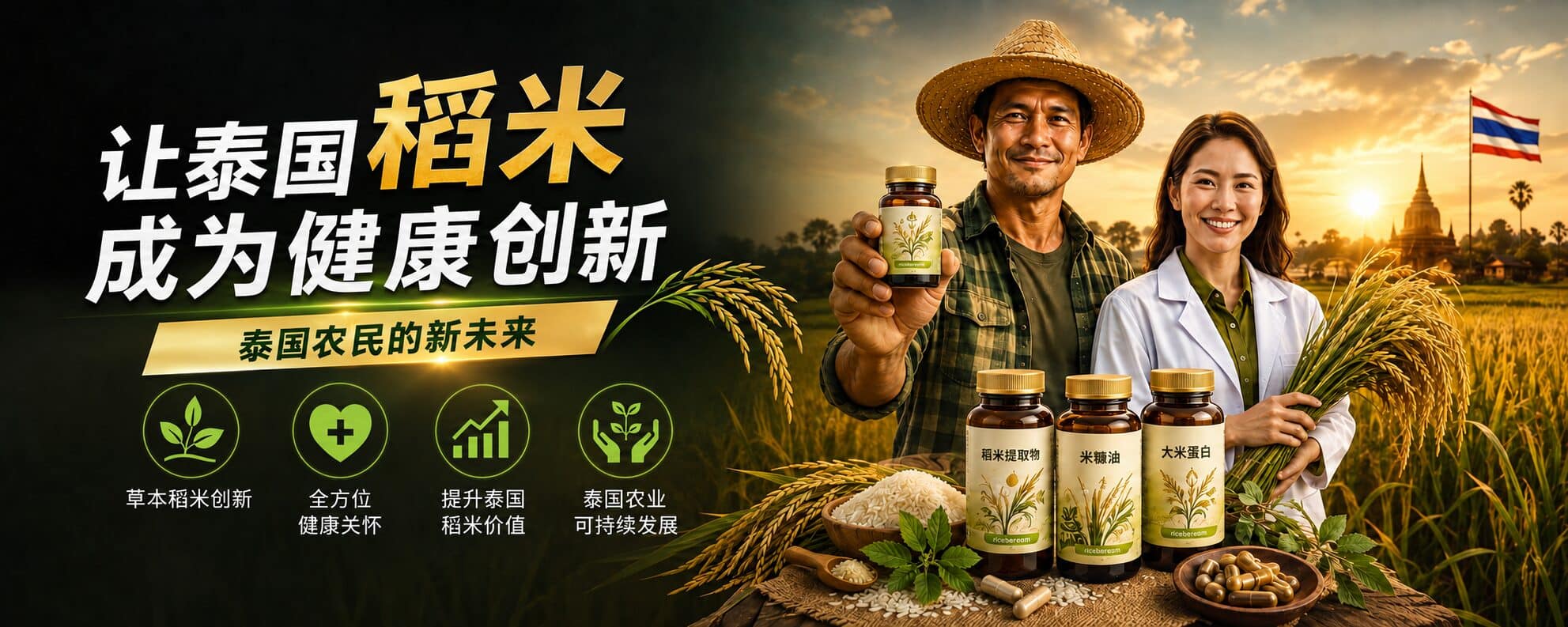 一位戴草帽的稻农与一位身穿白大褂的女子并肩站在夕阳下的金黄稻田里，男子举起一瓶产品，女子手持新鲜稻株；身后是泰国国旗与佛塔。前方摆着三瓶产品，标签分别为稻米提取物、米糠油和大米蛋白，旁边有木碗盛的大米、新鲜草本叶片和木盘中的胶囊。画面左半为深色底，配有四个圆形图标。
