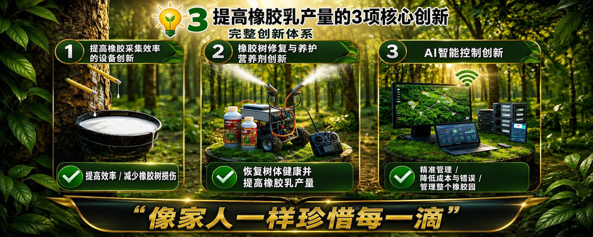 橡胶园画面分为三格：树干基部的增胶装置与接胶杯；用来喷洒护树修复药剂的喷雾机和配套产品瓶；以及显示 AI 胶园管理系统的电脑屏幕。