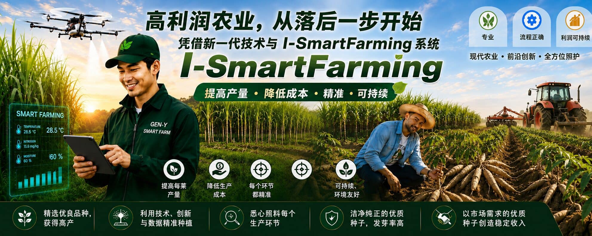 一位身穿 GEN-Y SMART FARM 上衣的工作人员手持平板电脑，屏幕上显示土壤温度、氮含量和湿度，站在甘蔗地前；上方有一架喷洒无人机正在喷洒，右侧有农民在收获木薯。